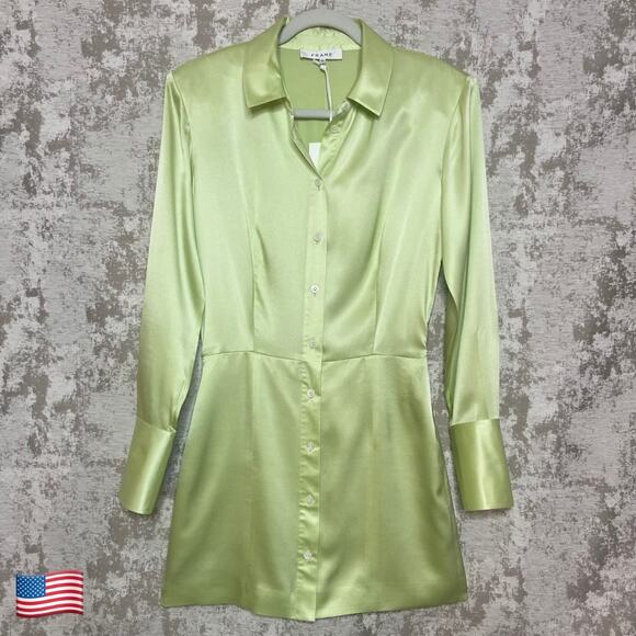 Frame Strong Shoulder Silk Mini Dress in Bright Peridot - Picture 1 of 7